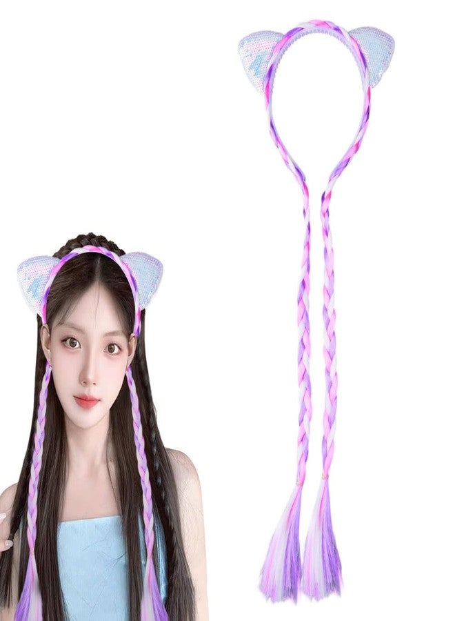 YangQian Cat Hair Accessories for Girls Halloween Cat Ear Headband with Long Braids Cosplay Costume Party Headwear for Teen Girl Xmas Headband Sparkly Hairbands Holiday Princess Head Bands Fake Braid Hair Band - Image 1